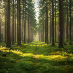 Obraz premium Serene Forest Path with Sunlight and Green Moss