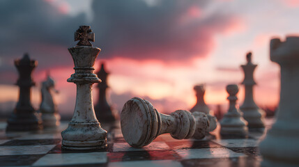 Chess pieces on a chessboard with a sunset backdrop, the fallen king represents defeat.