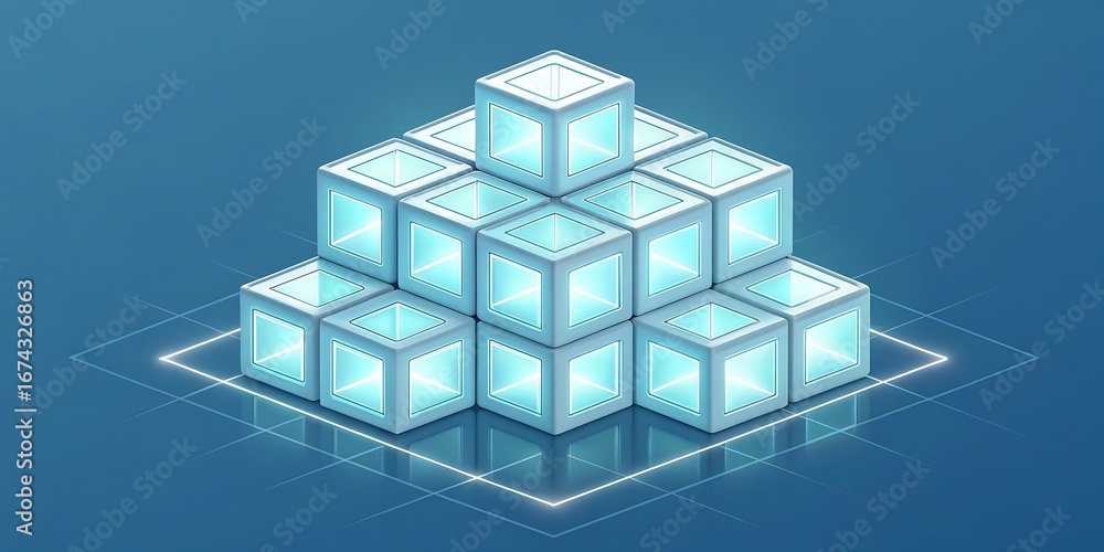 Poster abstract digital pyramid made of glowing cubes on a blue background, representing data or blockchain
