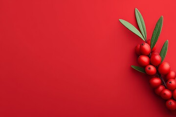 Festive holly branch with red berries and green leaves, vibrant on red, representing Christmas, holidays, and winter decoration, with copy space