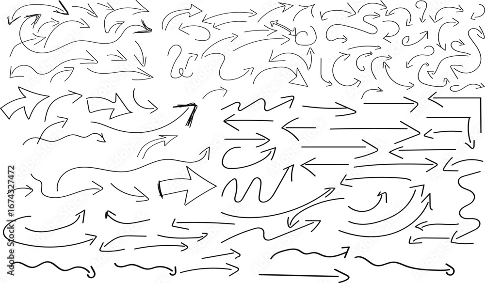 Poster dynamic hand-drawn arrow collection guiding direction and progress in various styles