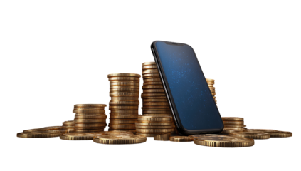 Smartphone resting on a stack of gold coins