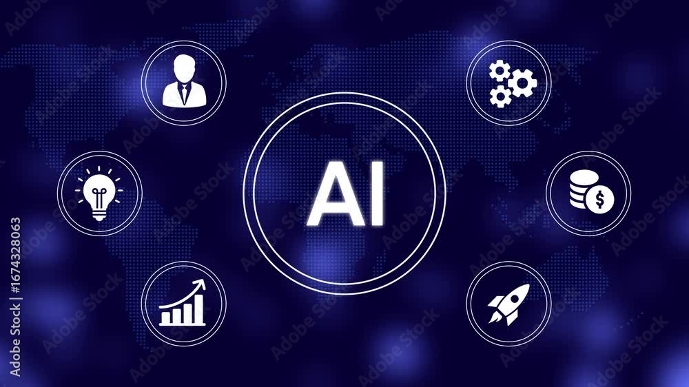 Aufkleber artificial intelligence business concept with icons and text on a digital world map background globa