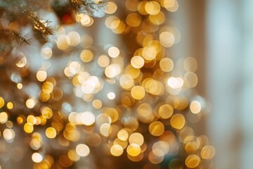 Christmas blurred abstract golden bokeh background with glitter particles, festive holiday design. Defocused holiday, luxury glamour backdrop. Glittering glowing shiny decoration lights, New Year