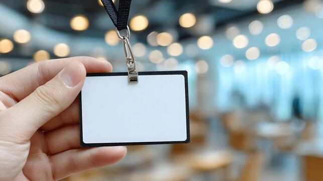 A close up shot of a hand holding a blank name tag in focus 