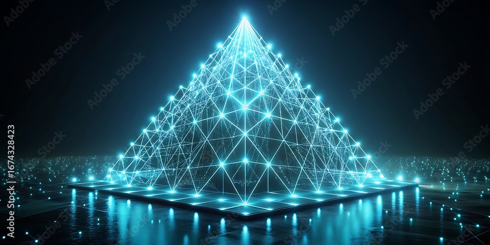 Poster abstract glowing blue pyramid structure made of light particles and lines on a dark reflective surfa