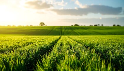 Fototapeta premium Close-up perspective shot of a green field with sunlight and lines heading towards the horizon