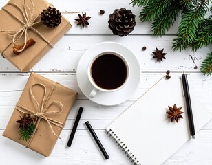 Overhead shot of wrapped gifts with coffee, notebook, pen, and festive decorations on a white wooden table.