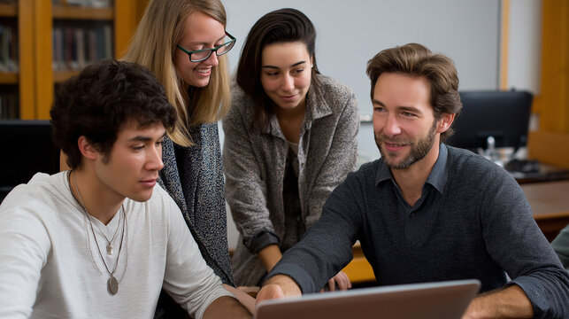 Students work with a professor, the collaborative scene illuminated by gentle light. Students, professor, with copy space