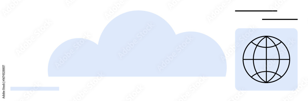 Poster large blue cloud and a globe with grid lines symbolizing global connectivity, cloud storage, and dat