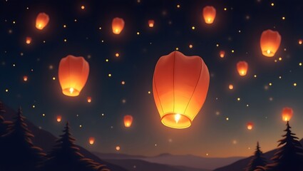 Mid-Autumn Festival concept, Sky filled with floating lanterns.