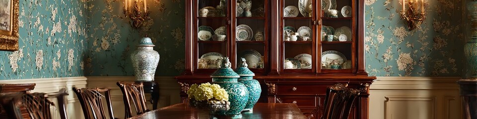 Elegant vintage china cabinet displaying porcelain and vases, with teal and gold accents in a classic room