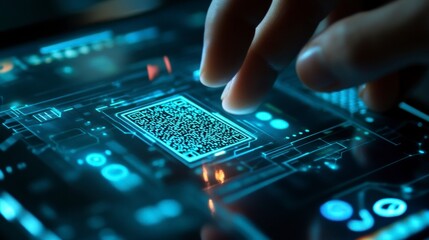 Fingertip scans a digital fingerprint on a futuristic tablet screen.