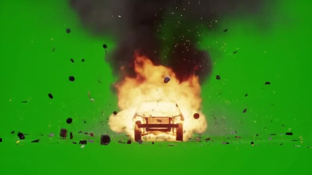 Car explosion on green screen Dramatic effects of a vehicle engulfed in flames and smoke, perfect for visual projects. Easy to edit and integrate