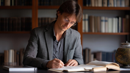 A professor writes and reads, the scholarly scene illuminated by soft light. Professor, book, with copy space