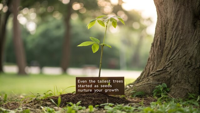 Inspirational Quote About Growth on a Sign with a Sapling.
