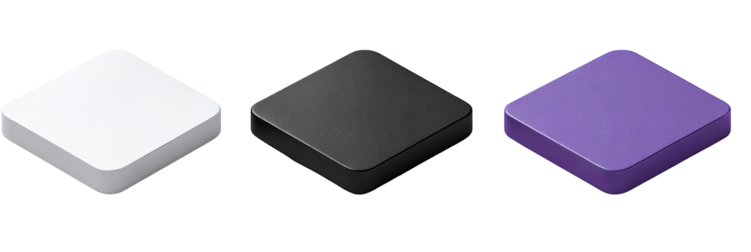 Three square blocks in white, black, and purple