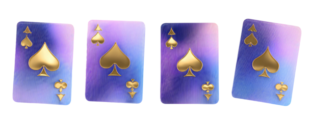Four playing cards,  Ace of Spades,  gradient purple and blue, gold symbols