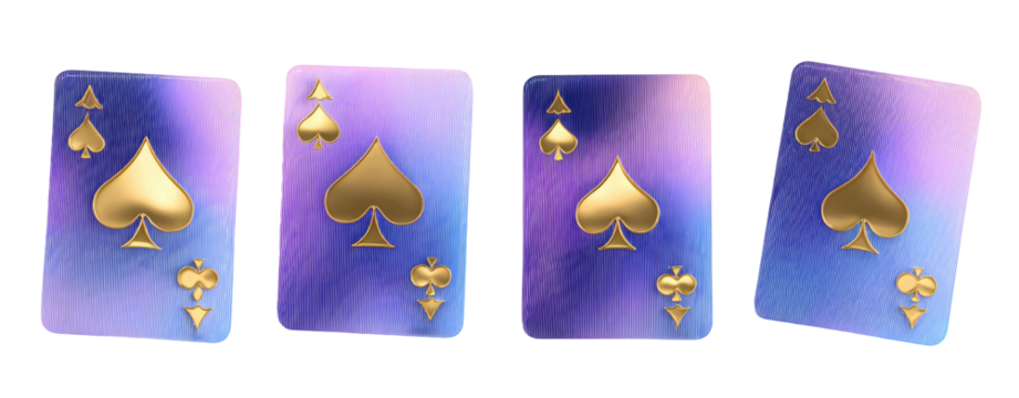 Four playing cards,  Ace of Spades,  gradient purple and blue, gold symbols