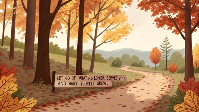 Inspirational Quote on a Path in an Autumn Forest.