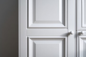 Close-up macro of golden cabinet hardware on white doors. Handle with brass finish. Minimalist simple interior style. Cabinet door double doors with both handles. Furniture base set design.
