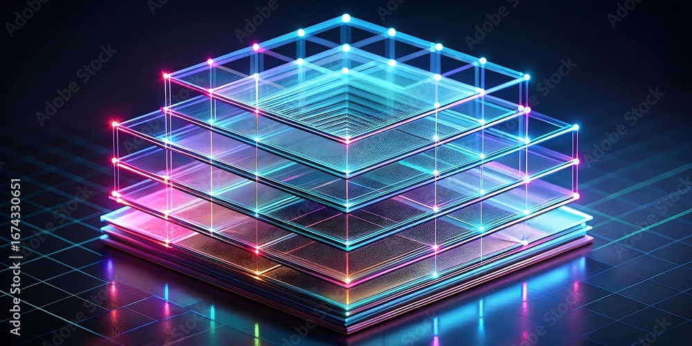 Poster futuristic layered digital structure with glowing neon lines and data points, representing advanced 