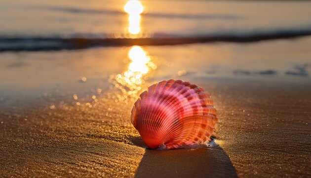 sunset shell a spiny pink orange seashell rests on wet sand kissed by the golden reflections of the sun on the calm sea