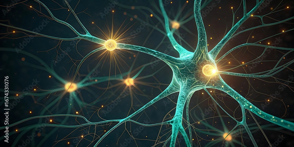 Poster closeup of a neuron cell with glowing synapses and electrical impulses, representing brain activity 