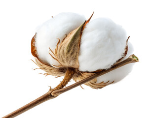 Fresh cotton boll isolated on white background showing natural fiber softness and purity. Perfect for textile, organic, and eco-friendly concepts. High-quality botanical close-up.