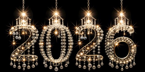 Sparkling crystal chandeliers spell out the year 2026 against a dark background