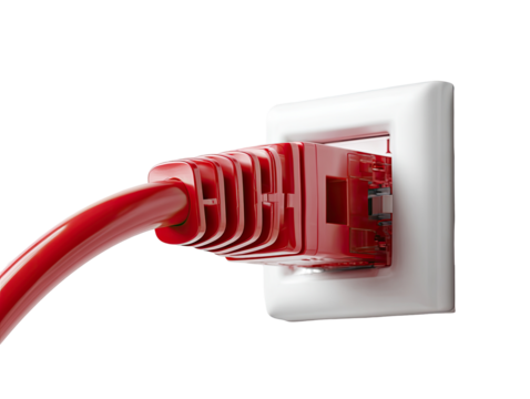 Red ethernet cable plugged into a white wall jack