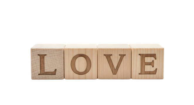 Wooden blocks spelling the word love isolated on transparent background