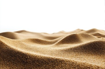 Golden sand dunes against a white background.  Soft, undulating, tan-colored sand hills gently slope towards the horizon