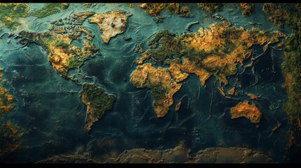 Detailed textured world map with continents, oceans, and landmasses.