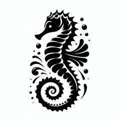 Stylized black silhouette of a seahorse with bubbles and swirls