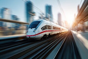 Naklejka premium Electric passenger red gray train drives at high speed among urban landscape. Modern high speed commuter train on the railway station and colorful sky at sunset in Europe. Railroad background