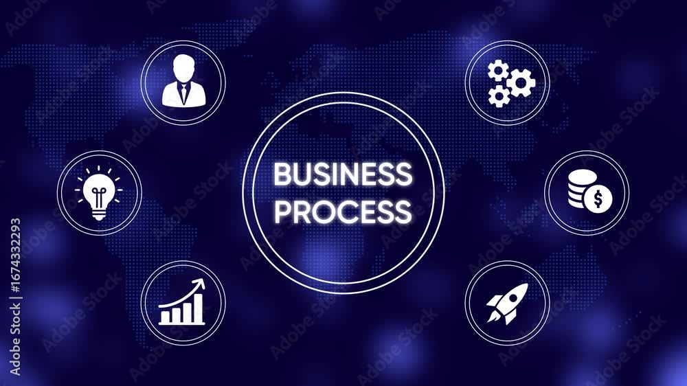 Poster business process management concept with icons and world map background global
