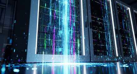 Server room data center with data streams and network connectivity for cloud computing and it infrastructure