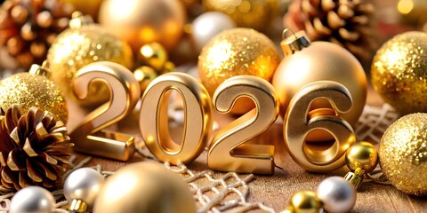 Festive 2026 new year decoration with golden ornaments and pine cones for christmas