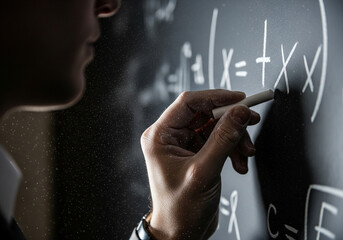 Close Up of Lecturer’s Hand Writing Mathematical Equation with Chalk on Blackboard in Classroom with Chalk Dust Floating in Air