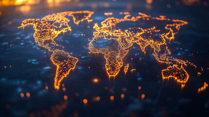 Glowing orange lights illuminate a digital world map, showing global network connections and the flow of modern technology data.