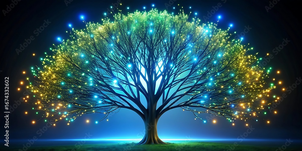 Poster luminous tree with branches adorned with glowing blue and yellow lights, symbolizing growth and know