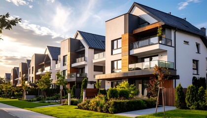 Modern townhouses in a row under a partly cloudy sky