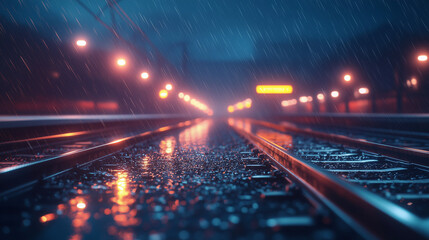 Heavy rain falls on glistening railroad tracks at night, reflecting bright station lights in an urban scene.