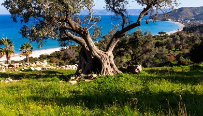 Olive tree overlooking Mediterranean beach