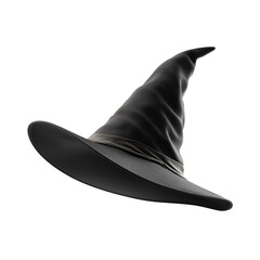  stylish black witch hat featuring a tall pointed crown, perfectly isolated on a transparent PNG background for Halloween costume 