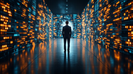 A business professional explores a futuristic digital data tunnel, walking towards a glowing binary code wall, representing advanced information technology.