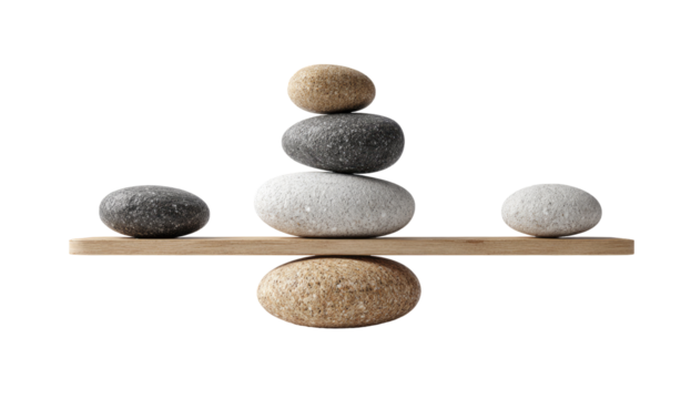 Balanced stones on a wooden beam