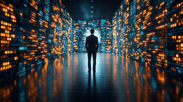 A business professional explores a futuristic digital data tunnel, walking towards a glowing binary code wall, representing advanced information technology. - Powered by Adobe