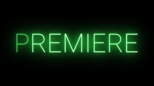 Flickering neon green premiere sign animated on black background.
